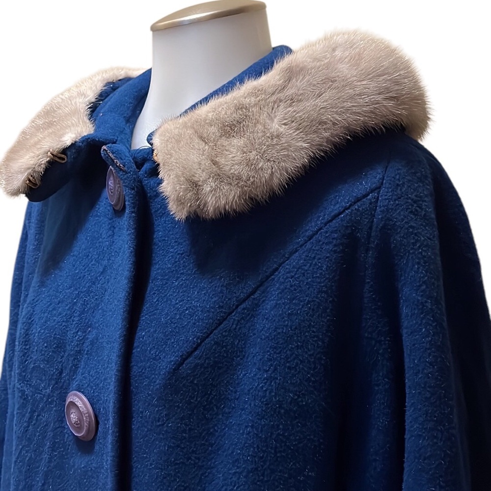 Vtg YOUTHCRAFT Peacock Blue MCM Coat w/Fur Collar~Button Front~Union Made